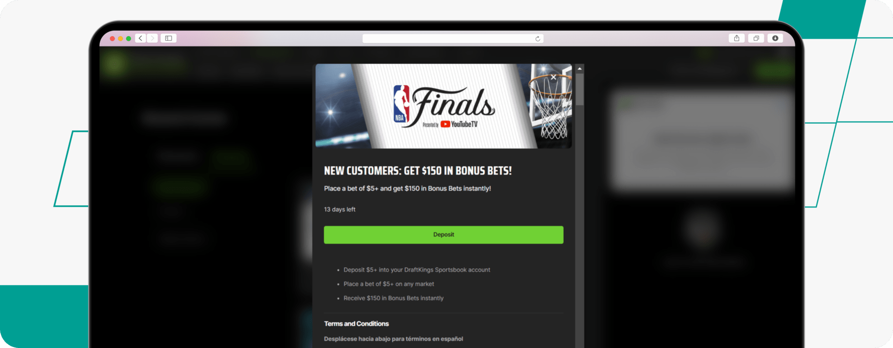 DraftKings bet 5 get 150 desktop screenshot