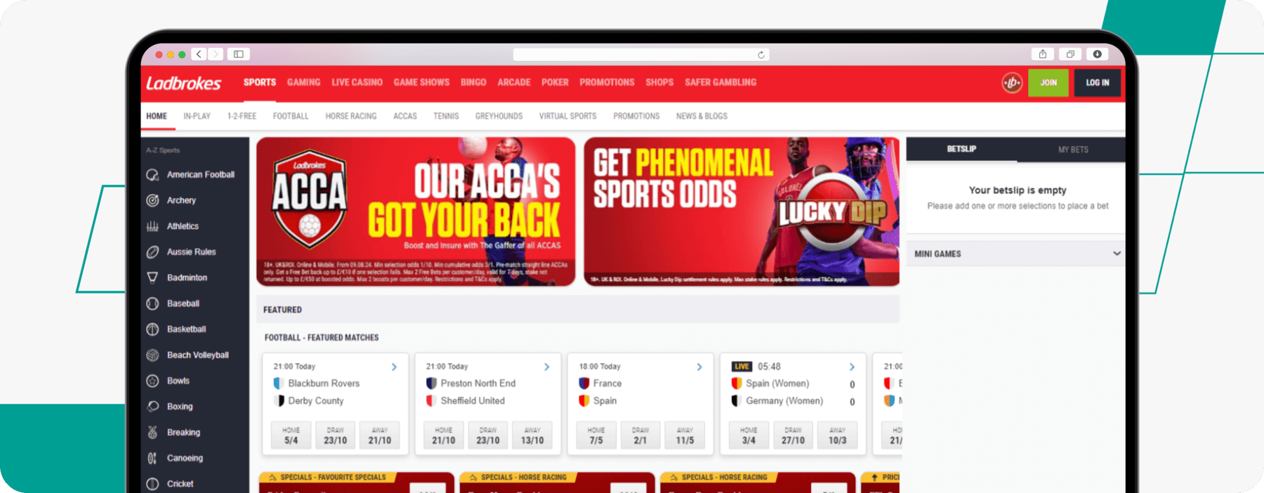 Screenshot of Ladbrokes Homepage with Acca Insurance Advertisement. (Source: Ladbrokes)